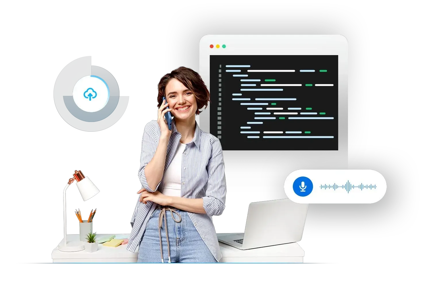Developer on a call beside code, representing the Yeastar open API and Linkus SDK