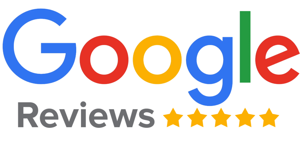 Google Reviews logo with blue, red, yellow, and green letters, gray text, and five gold stars.
