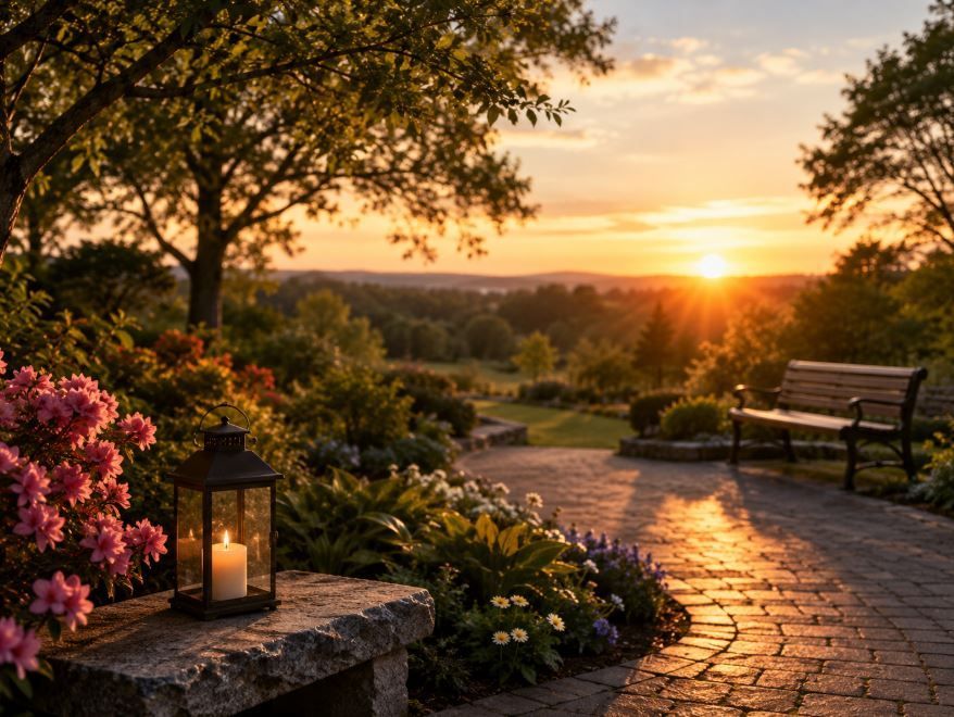 Peaceful sunset garden and bench create a comforting setting before cremation in Emmitsburg, MD