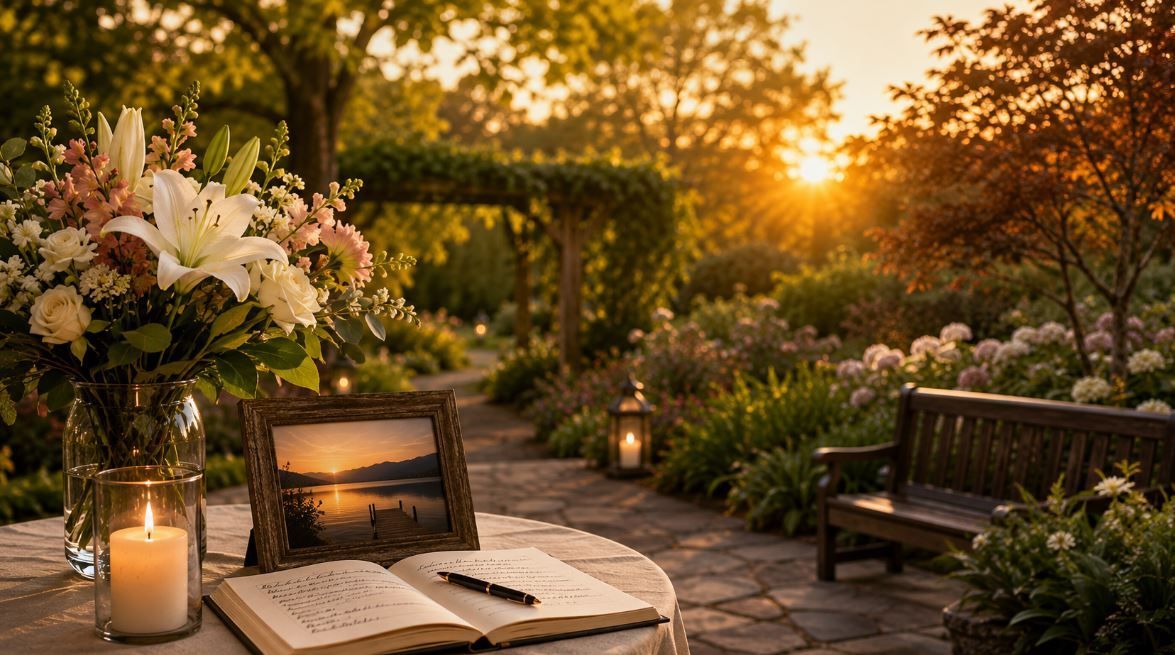 Garden path with flowers and sunset light supports remembrance in Westminster, MD