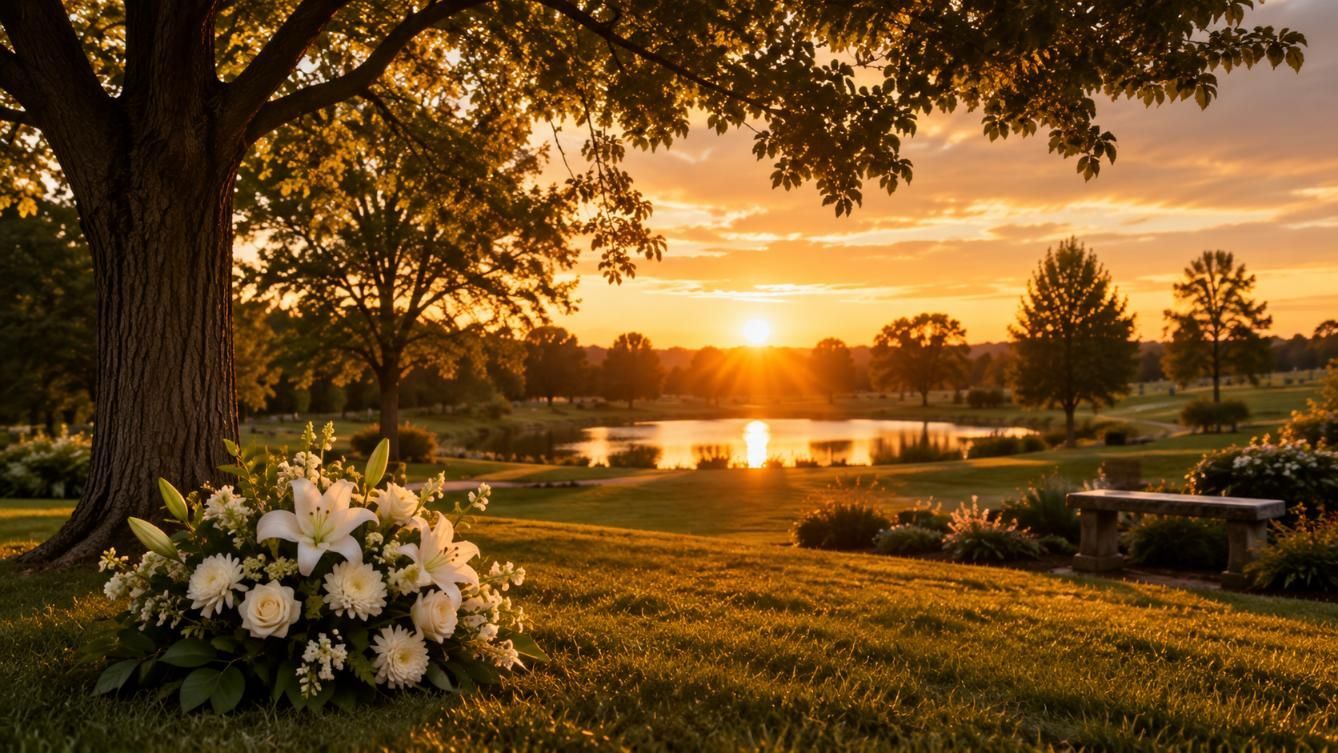 White floral tribute in a sunset garden for a graveside gathering, cremation services Taneytown, MD