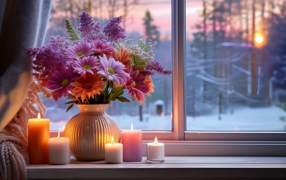 Vase of colorful flowers beside lit candles on windowsill, cremation services Emmitsburg, MD