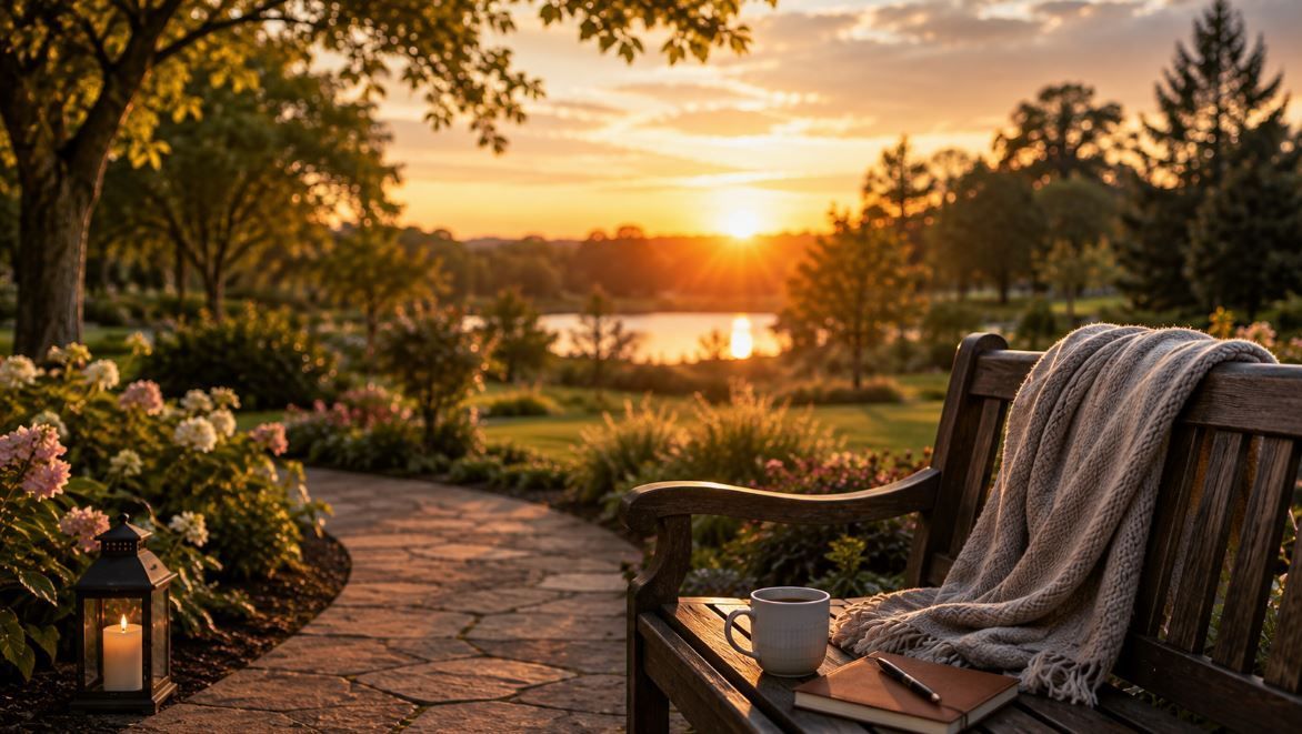 Lantern light and a peaceful garden bench offer gentle comfort during grief in Taneytown, MD