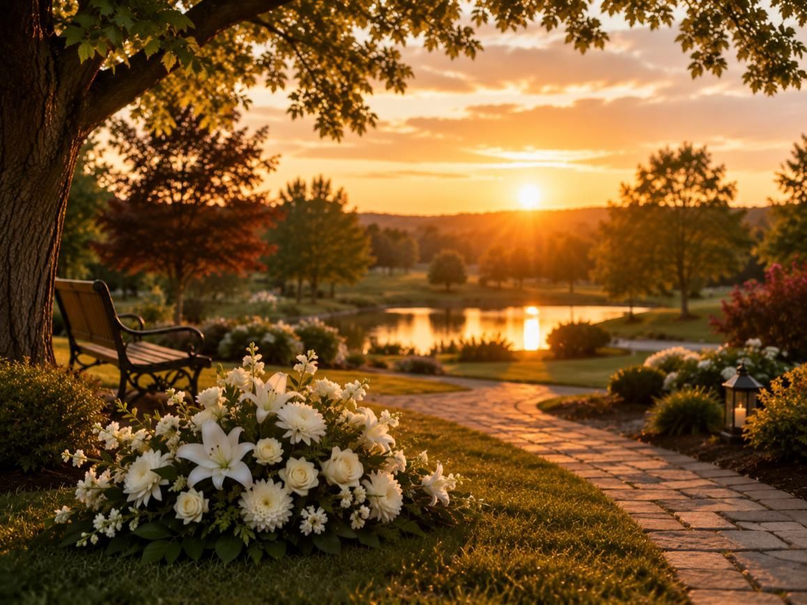 White blooms near a path and bench for a funeral service with cremation services Emmitsburg, MD