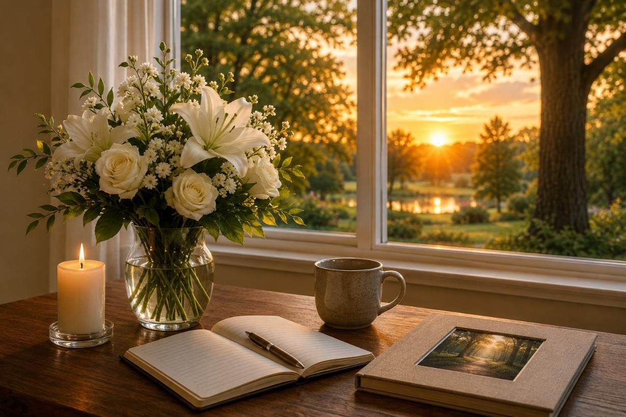 Table with lilies, candle, and memory book in sunset window, cremation services Westminster, MD