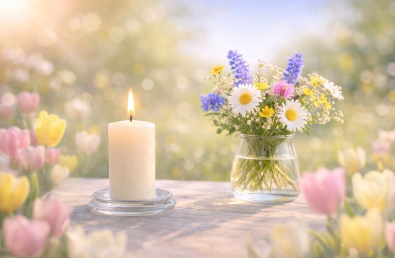 Candle and spring flowers on outdoor table setting a comforting memorial, cremation services Taneytown, MD