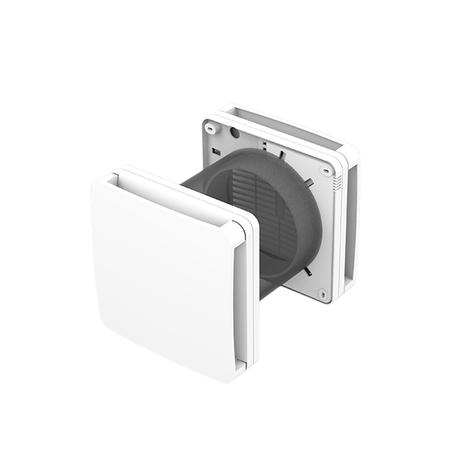 Witte muurventilatierooster op een vierkante behuizing van een afzuigventilator, weergegeven in een strakke productpresentatie