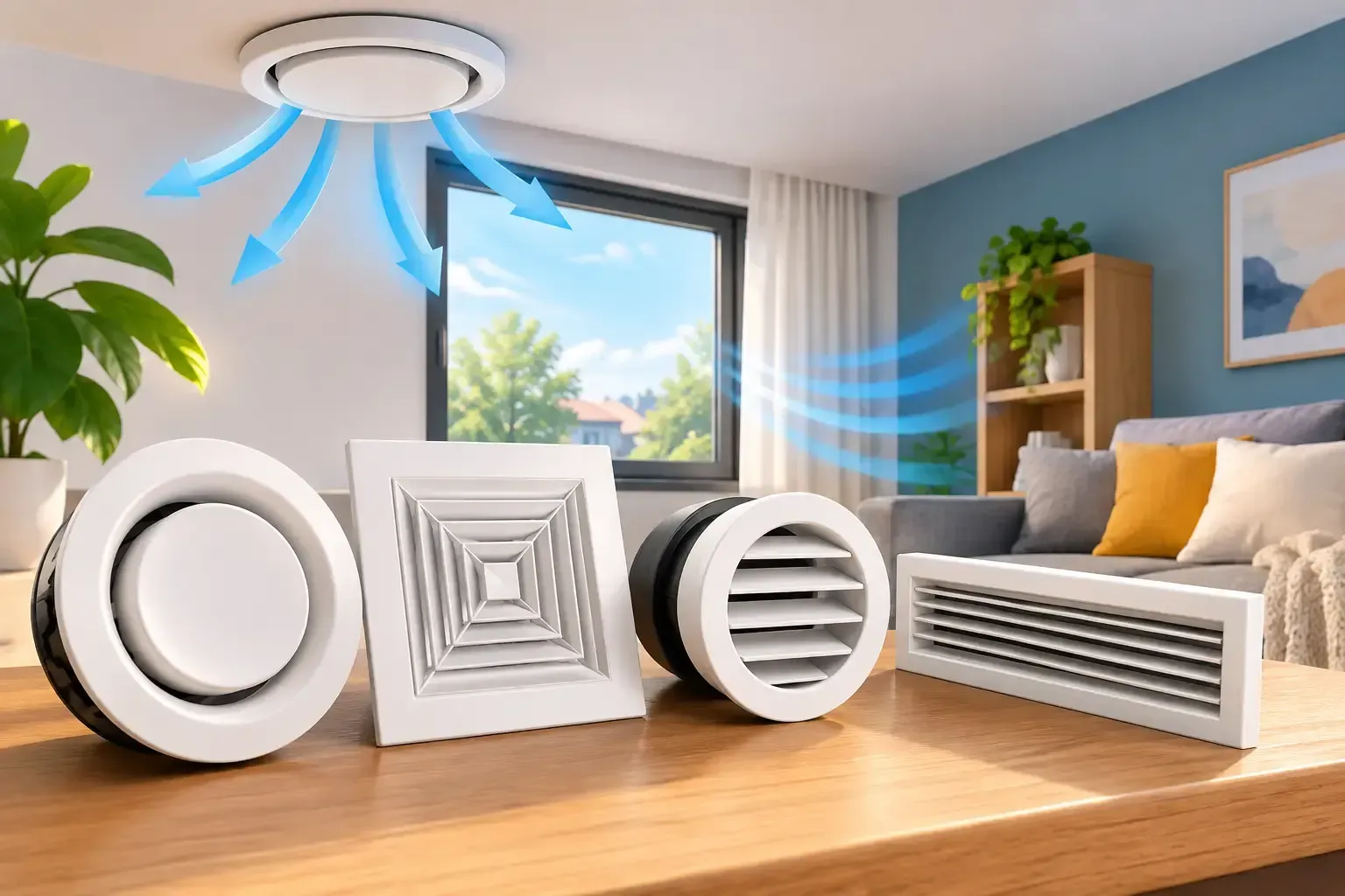 Moderne plafond- en ventielen in een lichte woonkamer met een raam en een bank