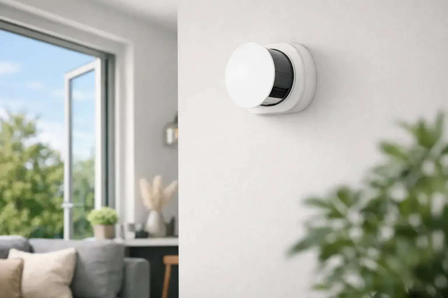 White decentral heat recovery unit on a light gray wall in a bright living room near a window