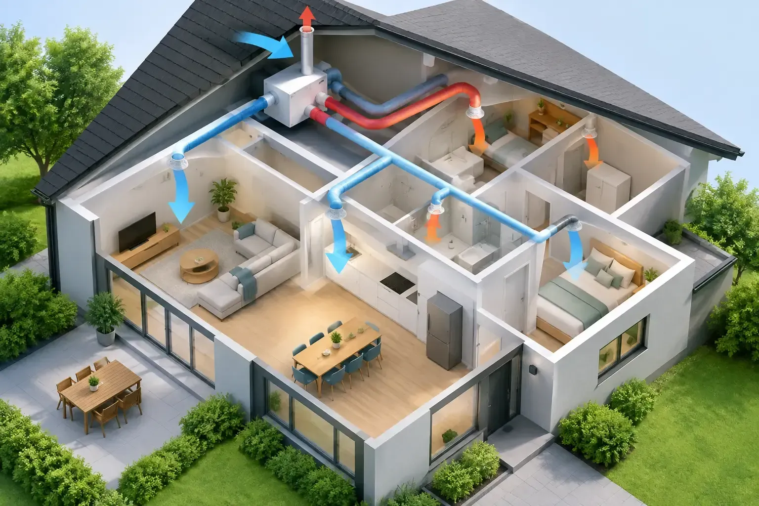 3D cutaway of a modern house showing rooms and blue-red HVAC ducting on the roof and inside walls