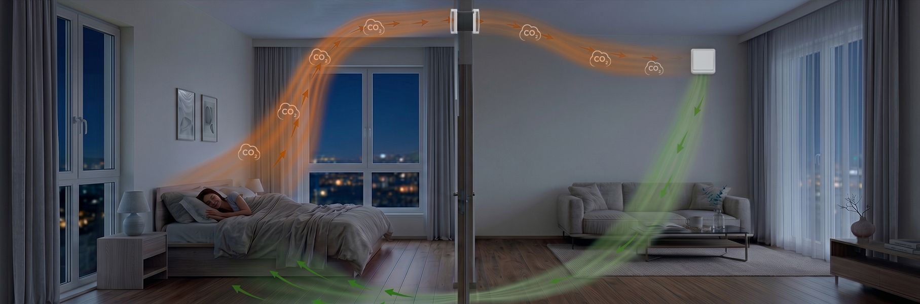 Slaapkamerscène in twee delen, met een nacht- en dagaanzicht en oranje en groene lichtsporen door de kamer
