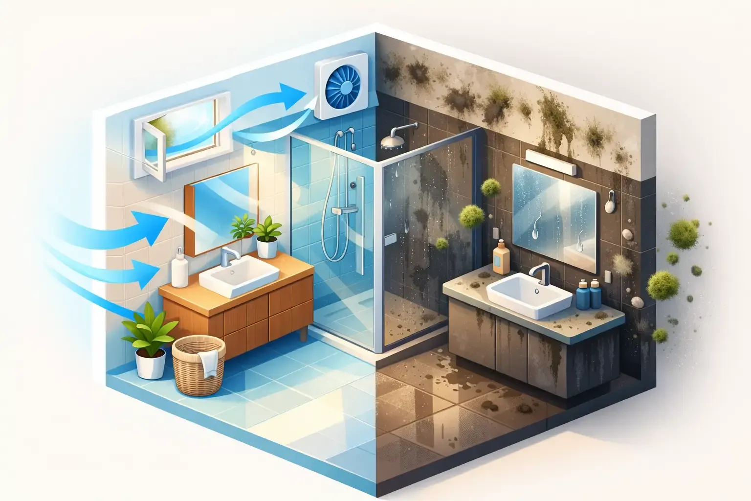 Modern bathroom cross-section with shower, sink, plants, and blue airflow arrows indicating ventilation