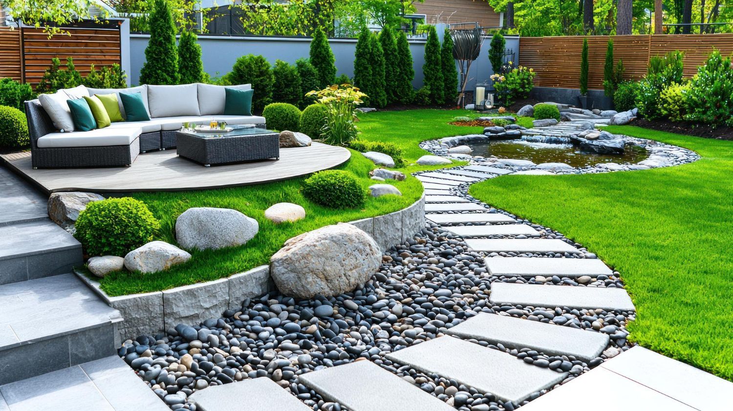 Modern backyard garden with stone path, white seating area, rocks, and green shrubs