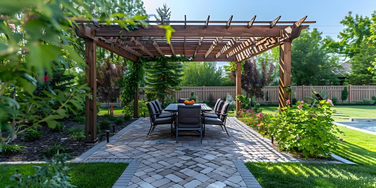 Outdoor patio with a wooden pergola, dining table, chairs, and a stone walkway in a garden