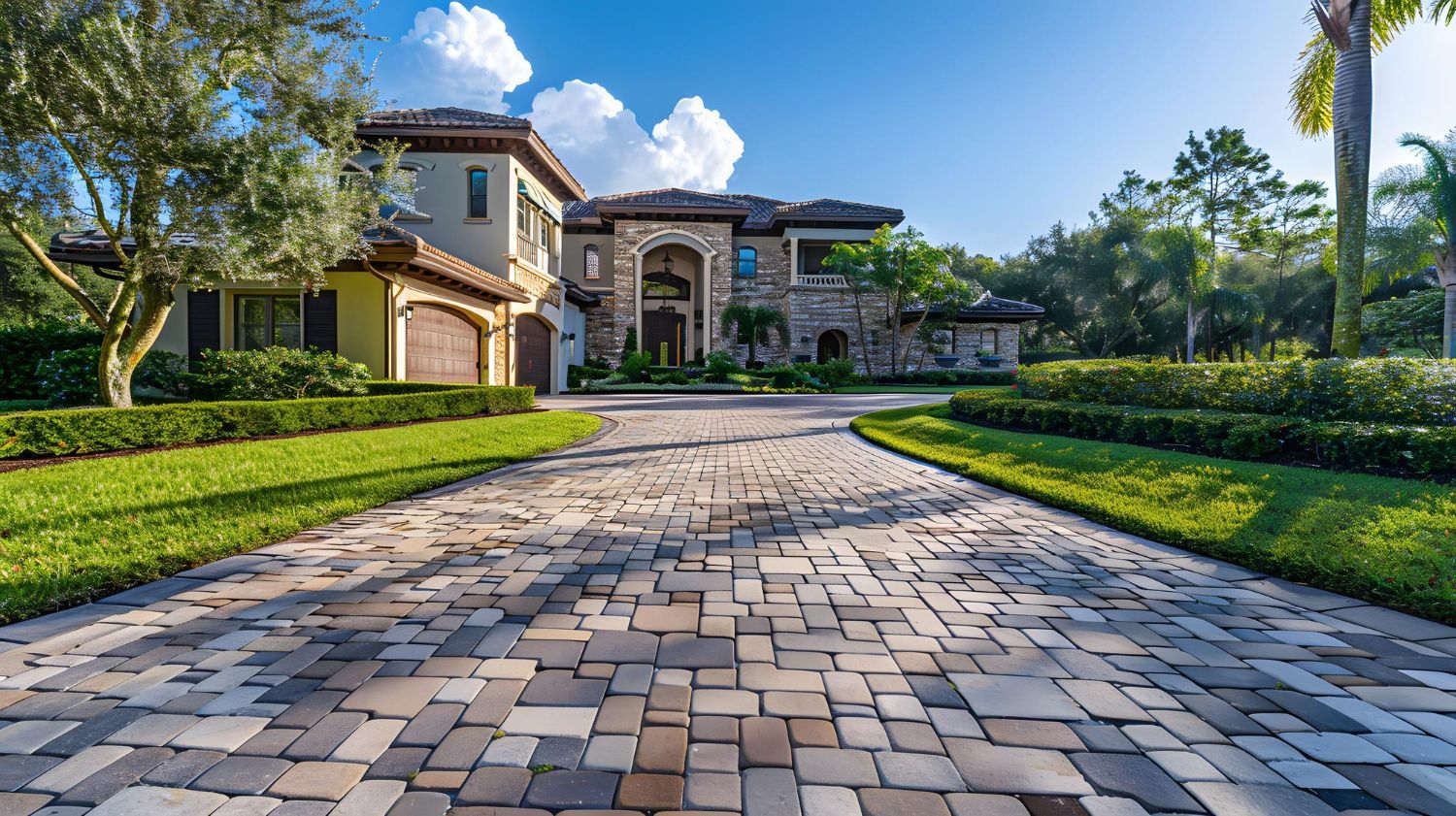 Large stone driveway leading to a luxury Mediterranean-style house with manicured hedges and palm trees