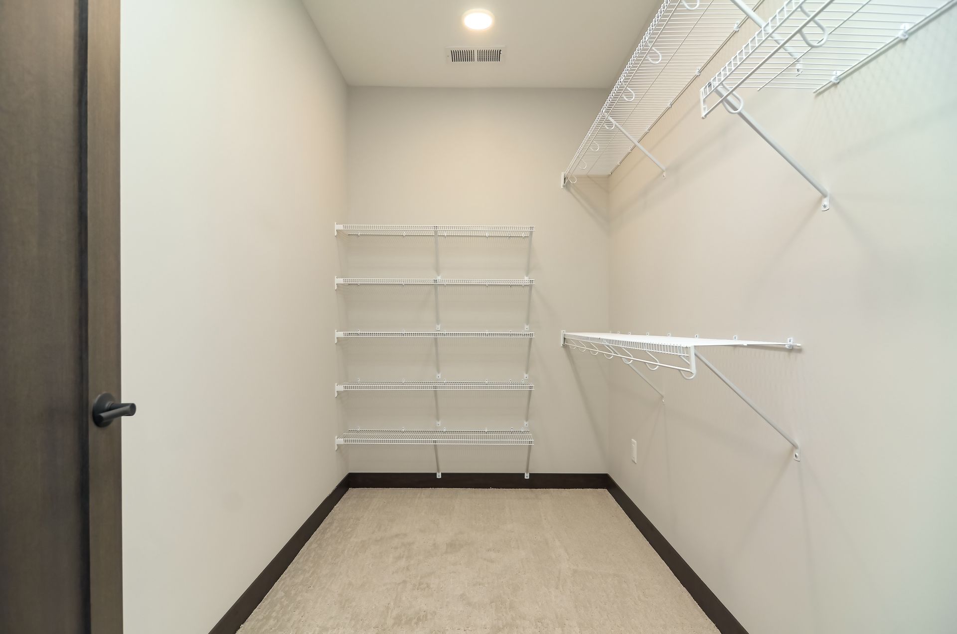 Empty walk-in closet with wire shelving on white walls. Beige carpet and dark brown door frame at Ventana Apartments in Wayzata, MN.