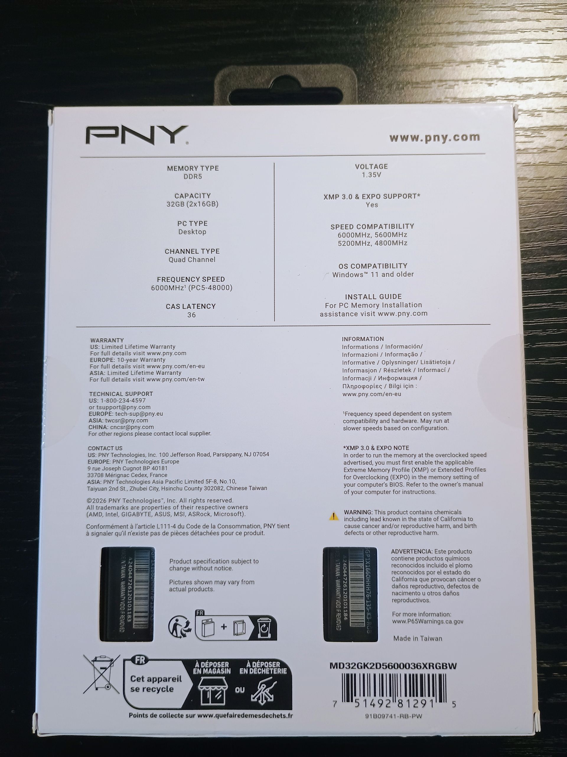 PNY 32GB DDR5-6000 CL36-36-36-76 1.35V