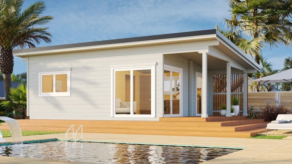 White Pool House With Deck, Sliding Doors, and Small Covered Porch — Designer Building Pty Ltd In Charmhaven, NSW