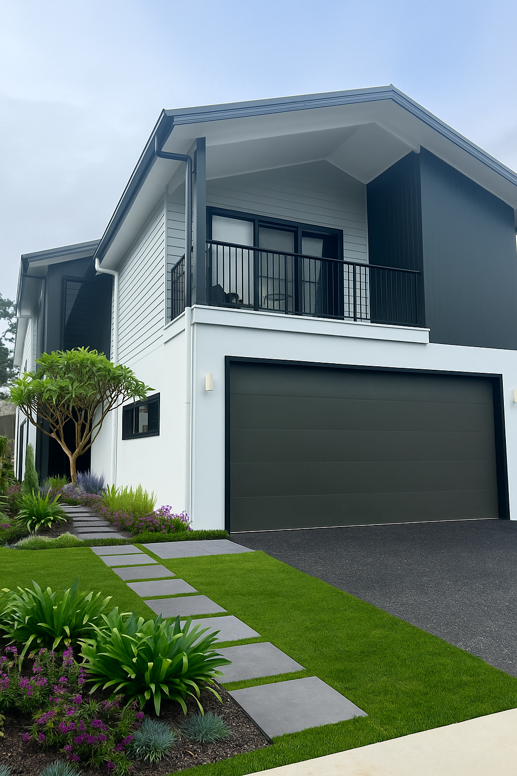 Modern White House with Black Accents, a Green Lawn, and A Stone Pathway — Designer Building Pty Ltd In Lake Macquarie, NSW
