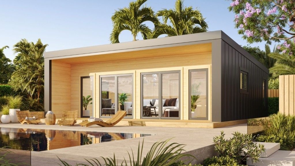 Modern Cabin With Glass Doors, by a Pool, Surrounded by Landscaping — Designer Building Pty Ltd In Charmhaven, NSW