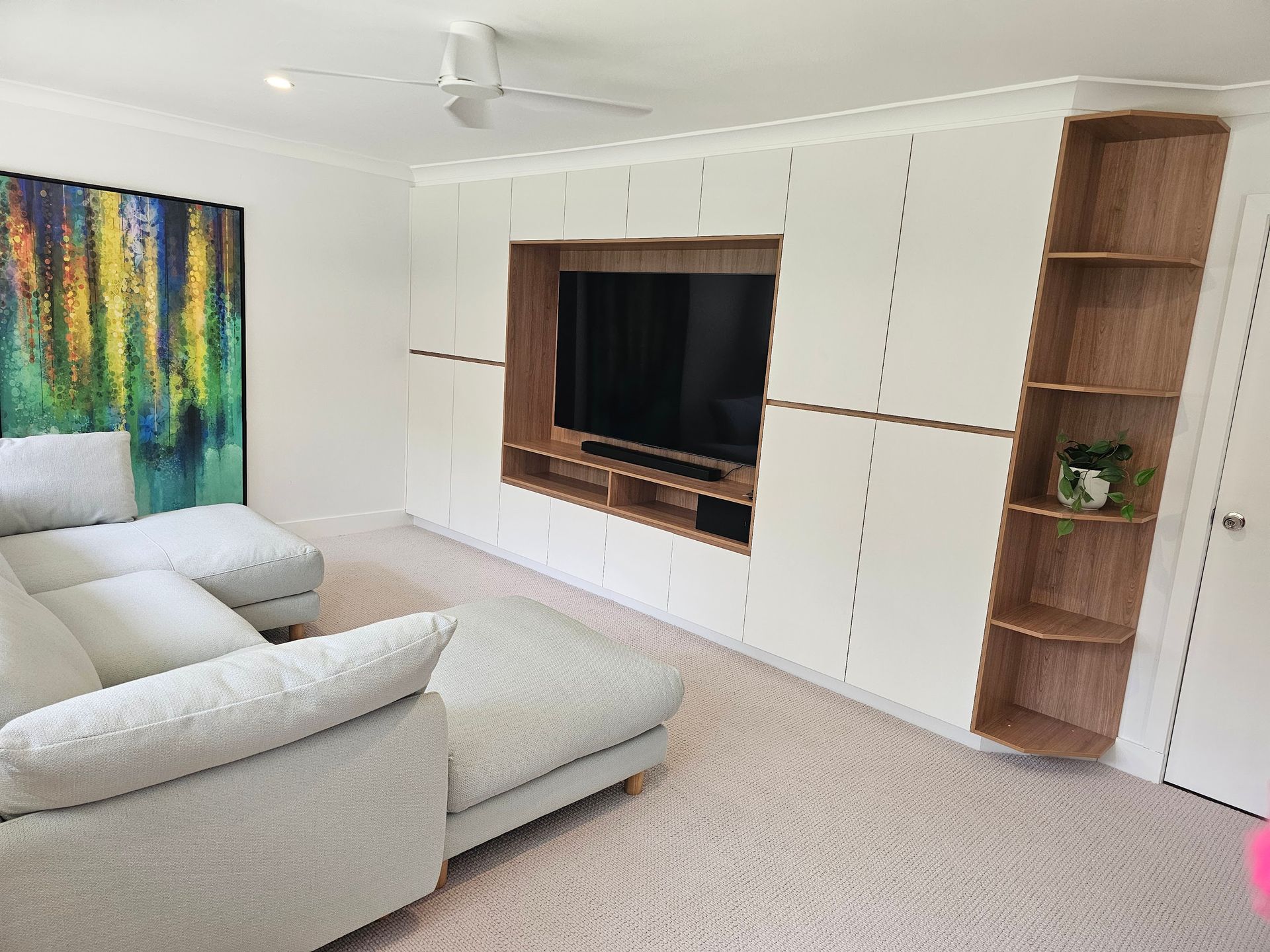 Modern Kitchen with Light Wood Floors, Light Gray Cabinets — Designer Building Pty Ltd In Charmhaven, NSW