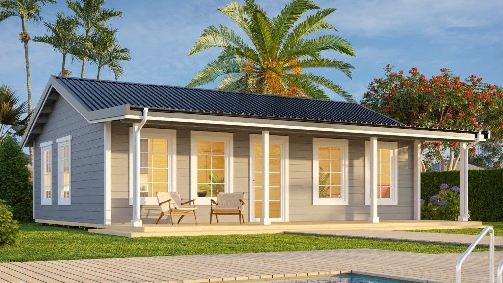 Gray Cabin With White Trim, Porch, and Dark Roof — Designer Building Pty Ltd In Charmhaven, NSW