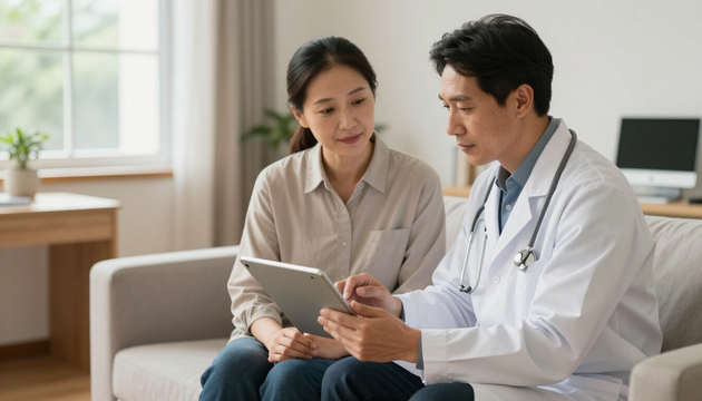 Physician and patient reviewing a chart together in natural light