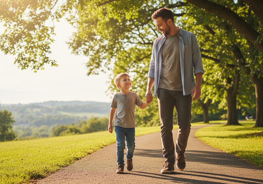 A Father and son holding hands and walking in San Antonio tx