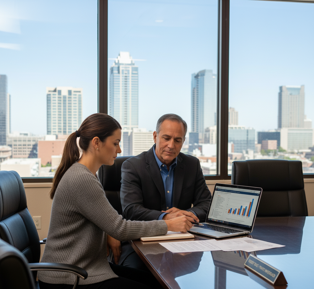 San Antonio private investigator reviewing corporate fraud case with business client