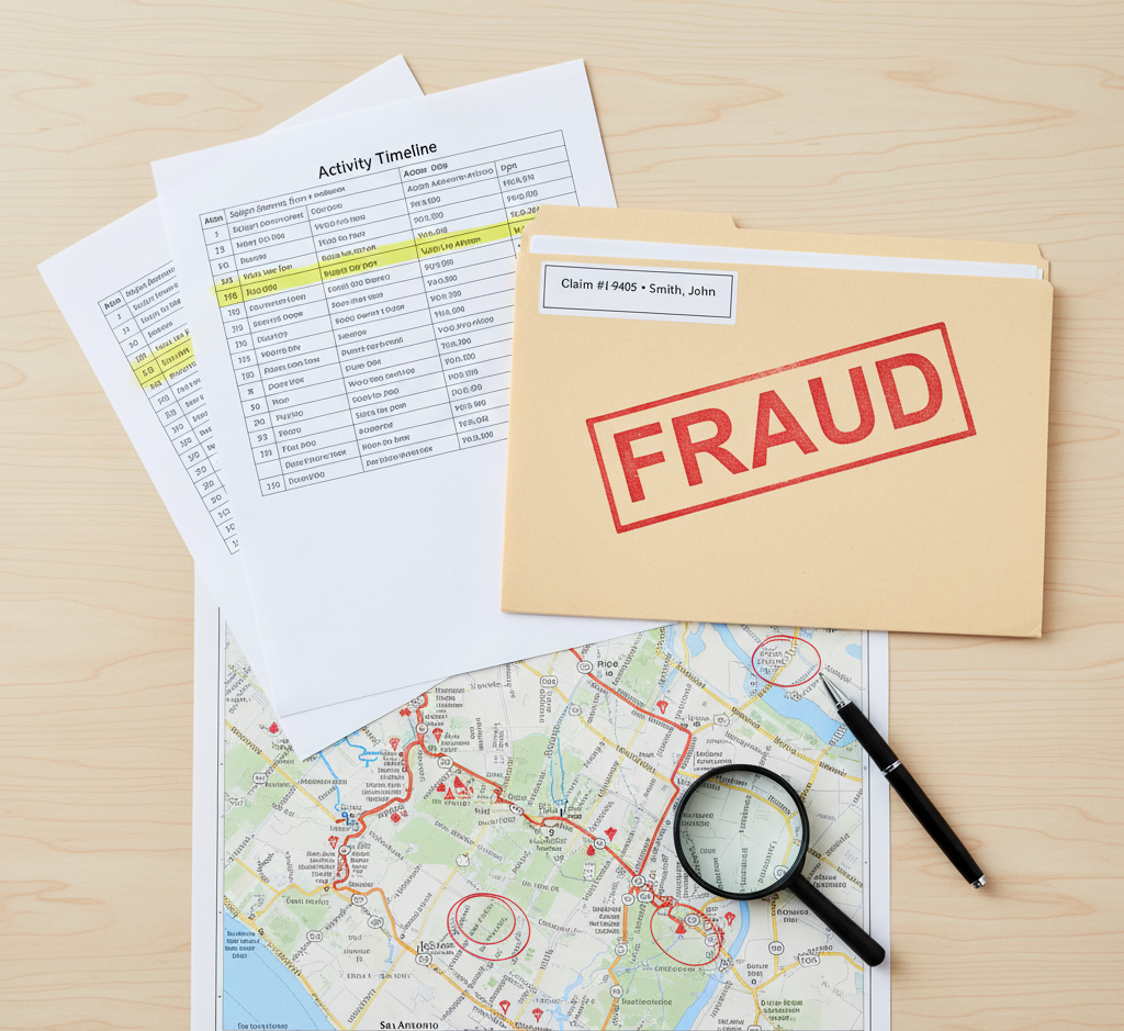 Insurance fraud investigation timeline and San Antonio route map showing surveillance locations