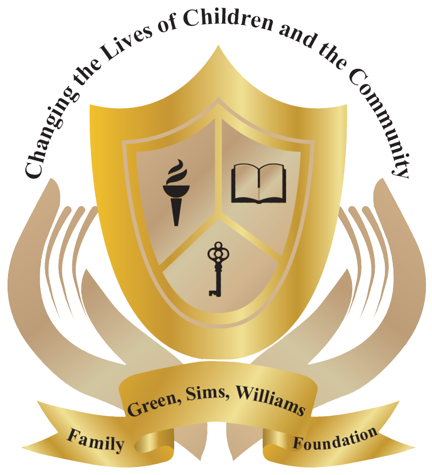 Golden shield logo with torch, book, and key, text: 
