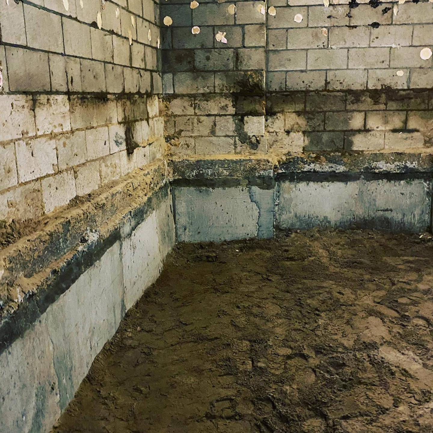 Concrete block basement corner with damp walls and dirt floor.