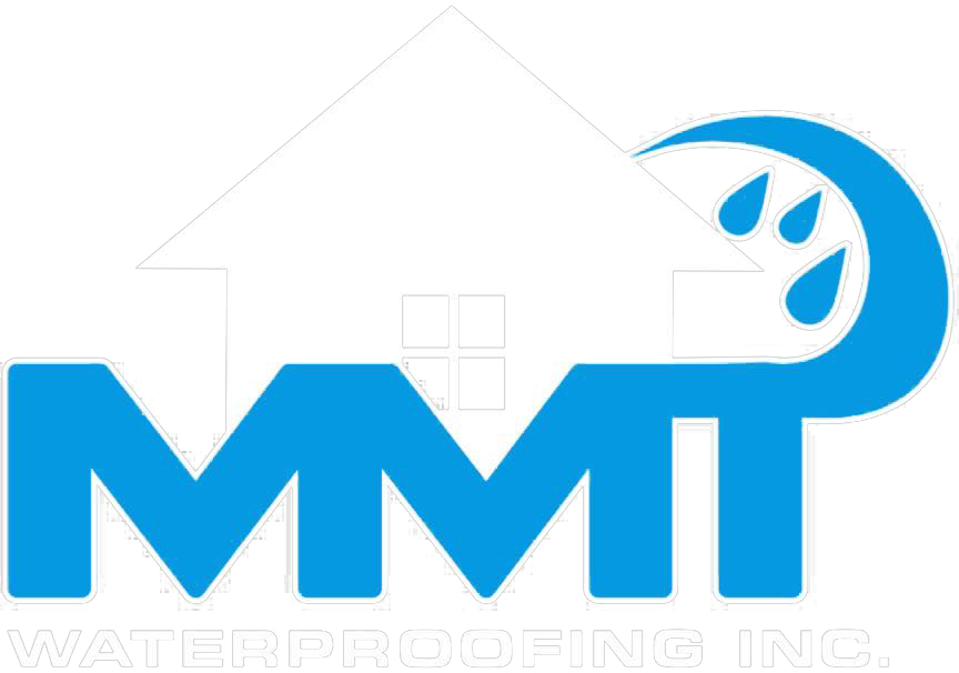 A blue logo for a company called mmt waterproofing inc.