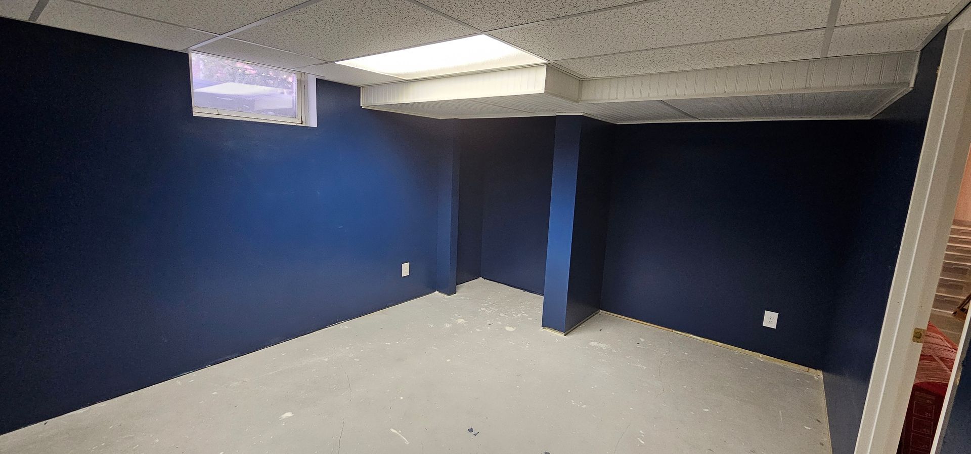 Empty basement room with dark blue walls, gray floor, and drop ceiling lighting