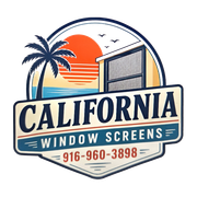 California Window Screens logo with palm tree, sunset, screen window, and phone number 916-960-3898