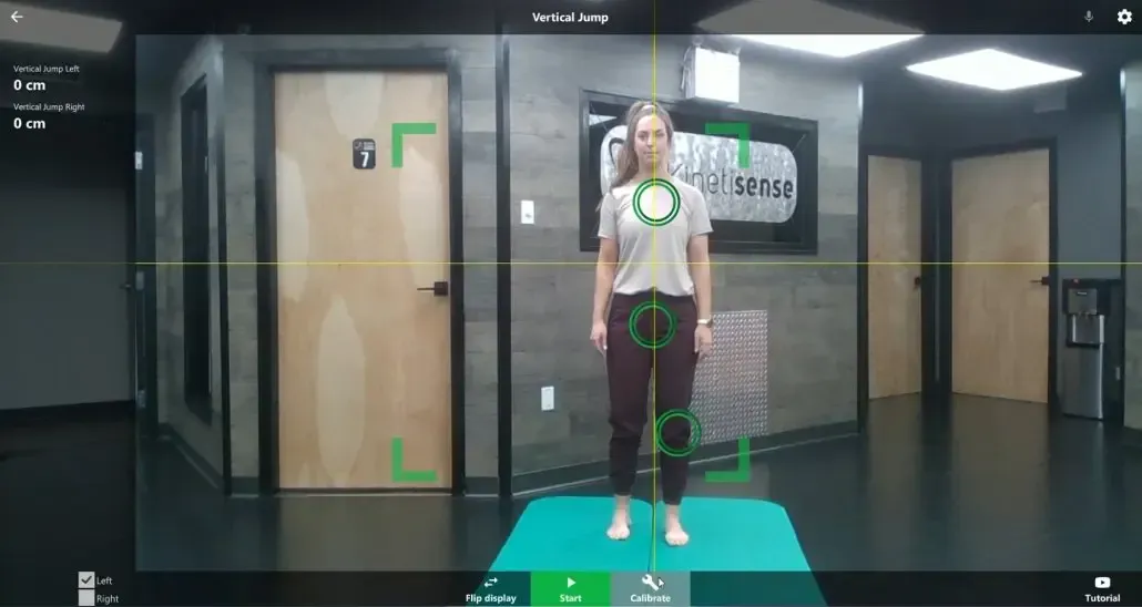 A woman standing still in front of the 3D cameras of KinetiSense during a balance screening. This technology aids in creating a Tailored Treatment plan by identifying specific balance issues and symptoms, which accelerates recovery and reduces the risk of long-term complications.