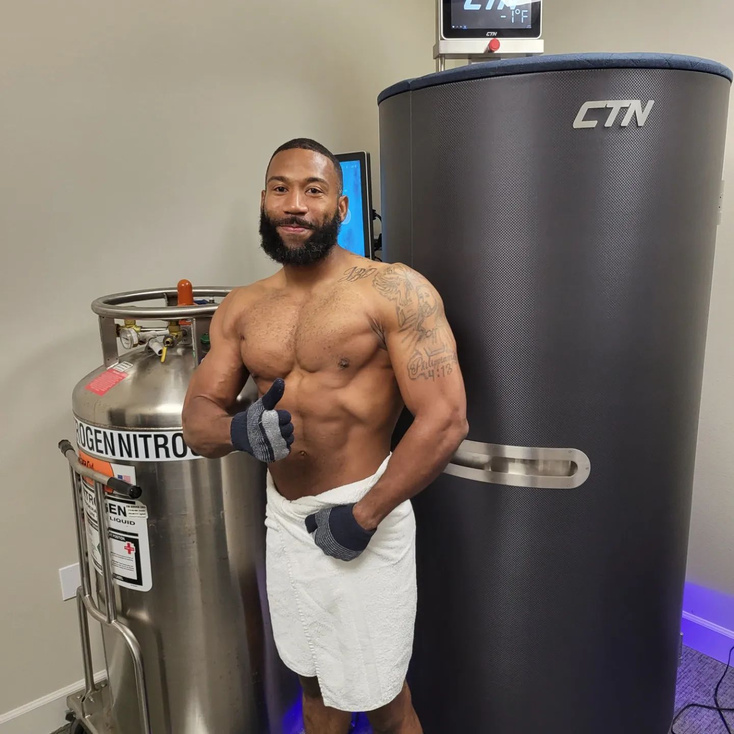 A man flexing his body after cryotherapy, showcasing the benefits of Improved Circulation as cryotherapy enhances blood flow, promoting better oxygen and nutrient delivery to tissues.