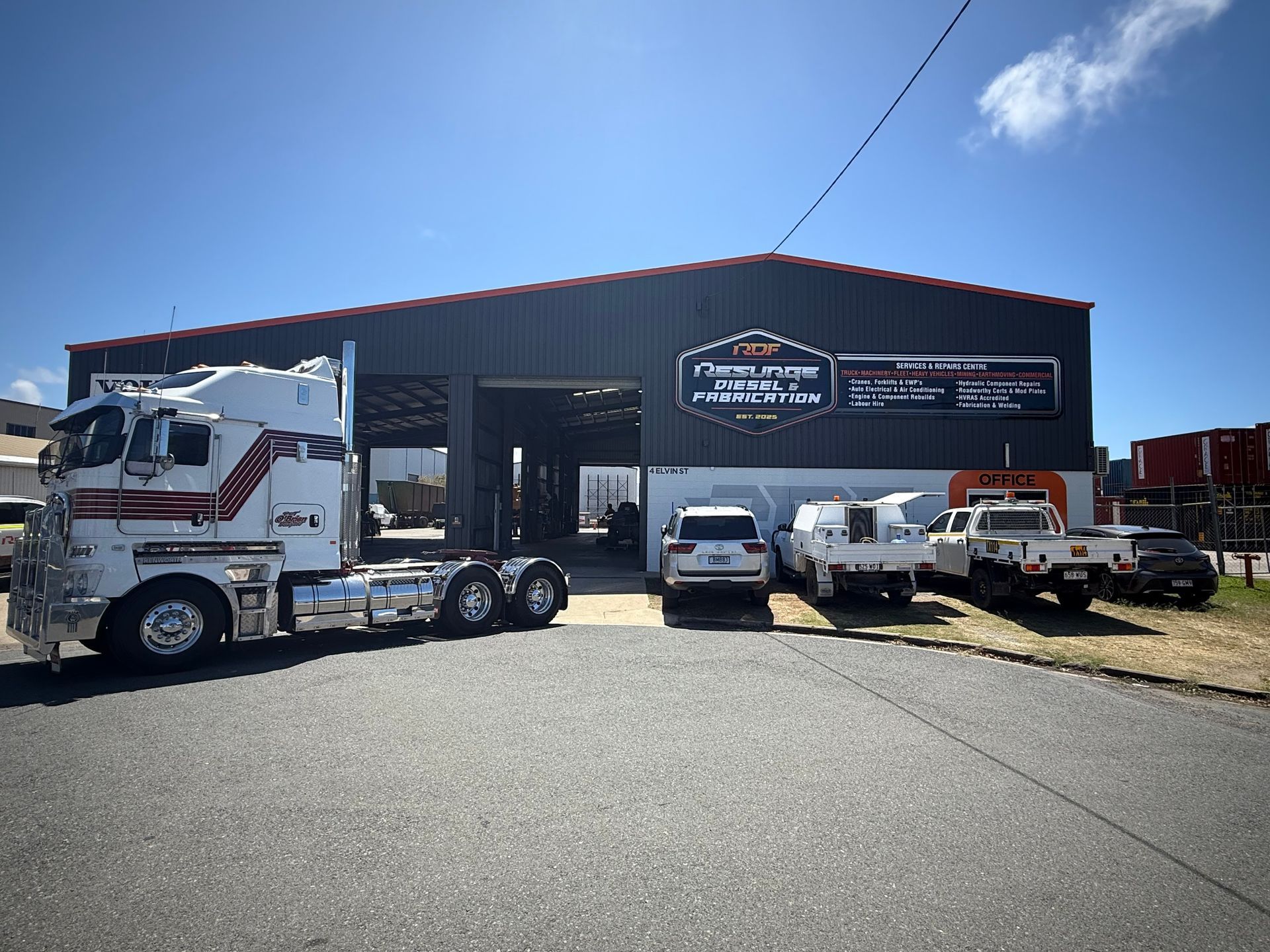 Truck and Workshop With Vehicles — Resurge Diesel & Fabrication Pty Ltd In Balnagowan, QLD