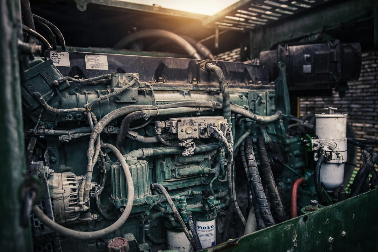 A close-up of a complex industrial vehicle engine with various wires, hoses, and mechanical components — Resurge Diesel & Fabrication Pty Ltd In Balnagowan, QLD