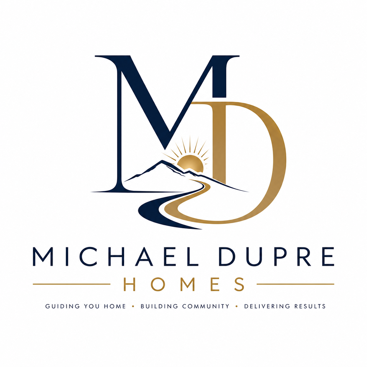 Michael Dupre Homes logo with navy and gold monogram and stylized road, sun, and mountains