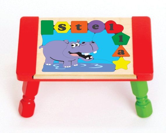 Personalized Name Hippo Theme Puzzle Stool - Primary or Pastel (FREE SHIPPING)