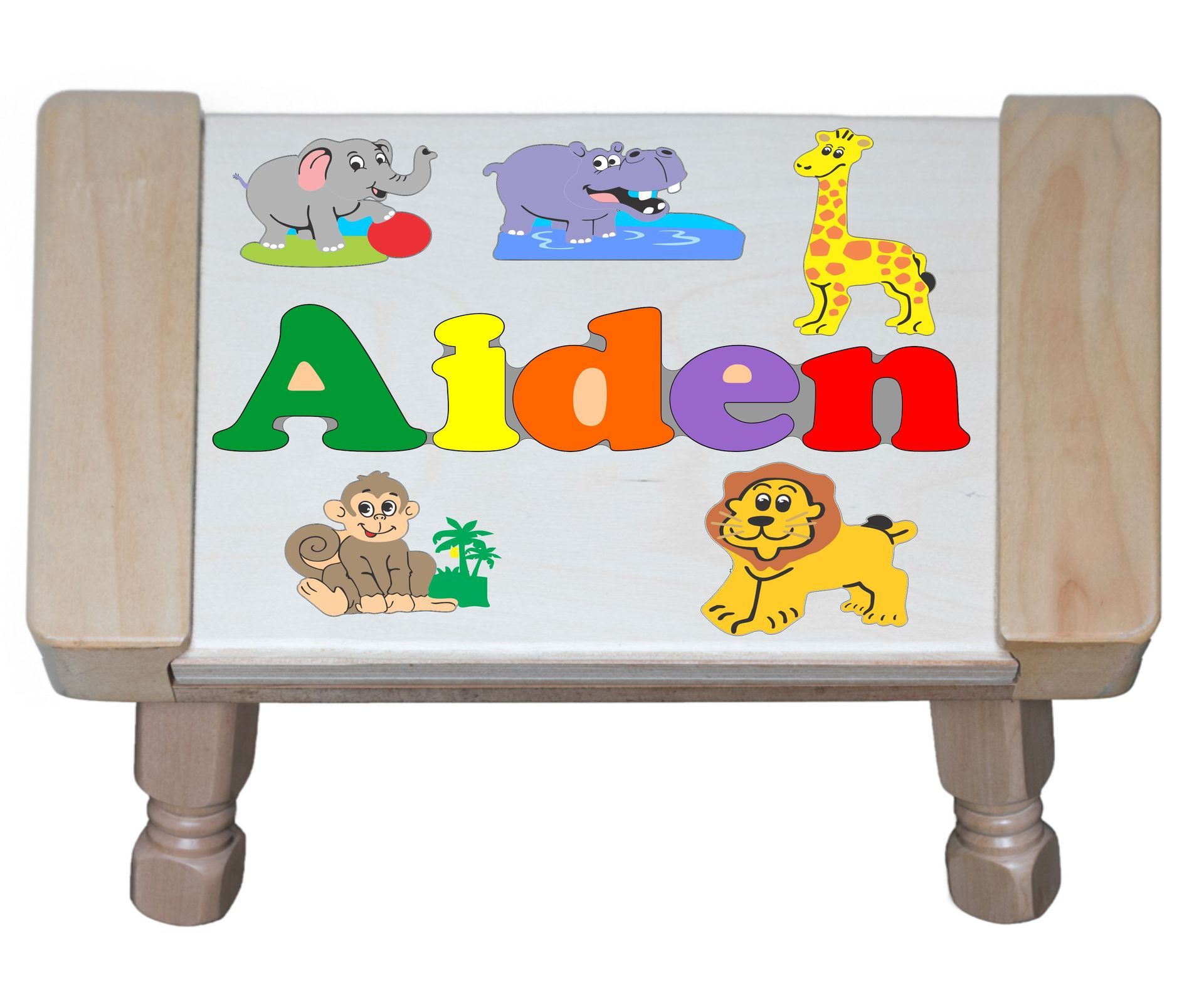Custom Name(s) Jungle Zoo Animals Theme Puzzle Stool in upper and lower case letters - Primary or Pastel (FREE SHIPPING)