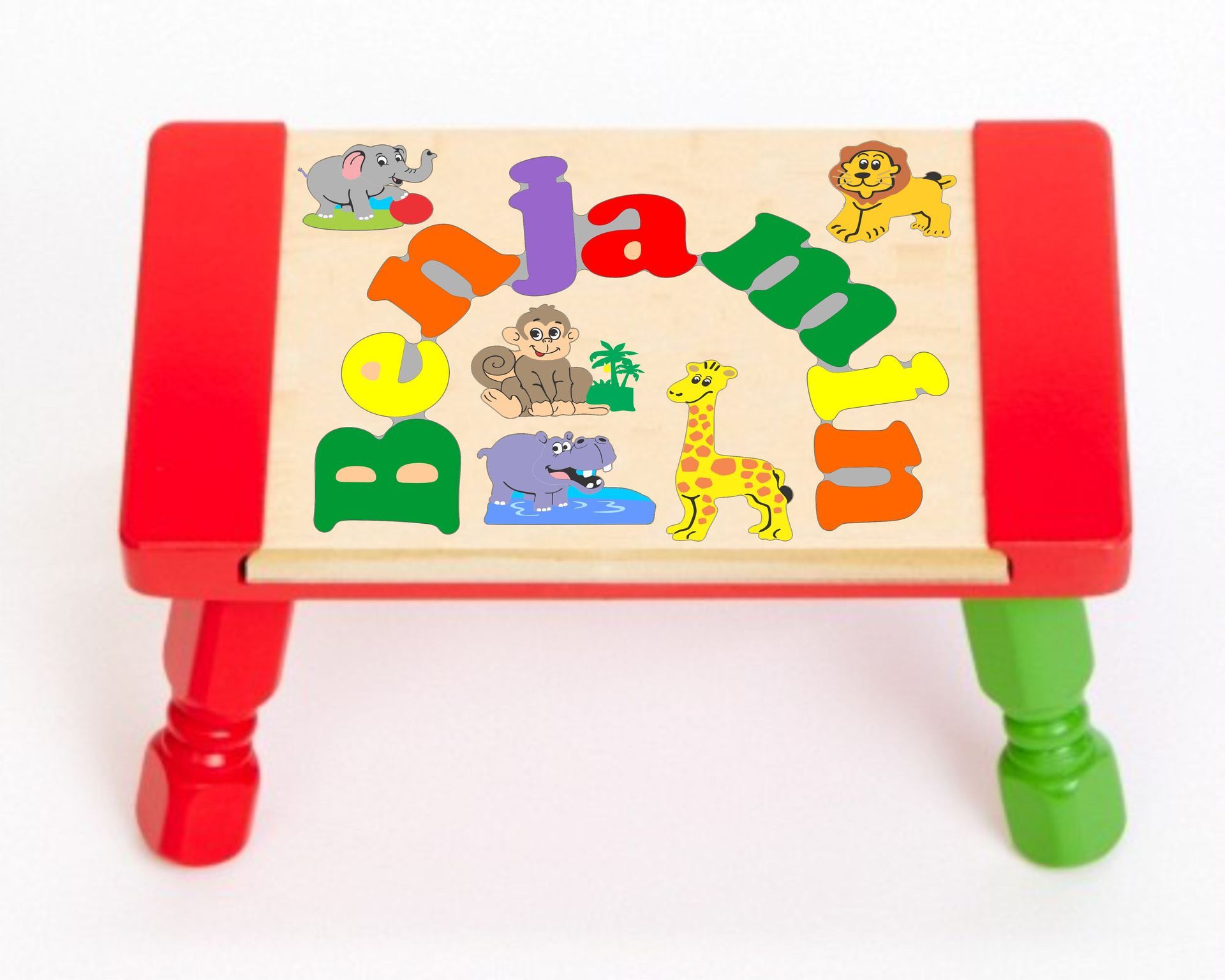 Custom Name(s) Jungle Zoo Animals Theme Puzzle Stool in upper and lower case letters - Primary or Pastel (FREE SHIPPING)