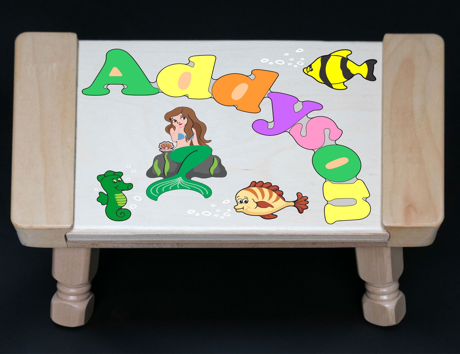 Custom Name(s) Mermaid Theme Puzzle Stool in upper and lower case letters - Primary or Pastel (FREE SHIPPING)
