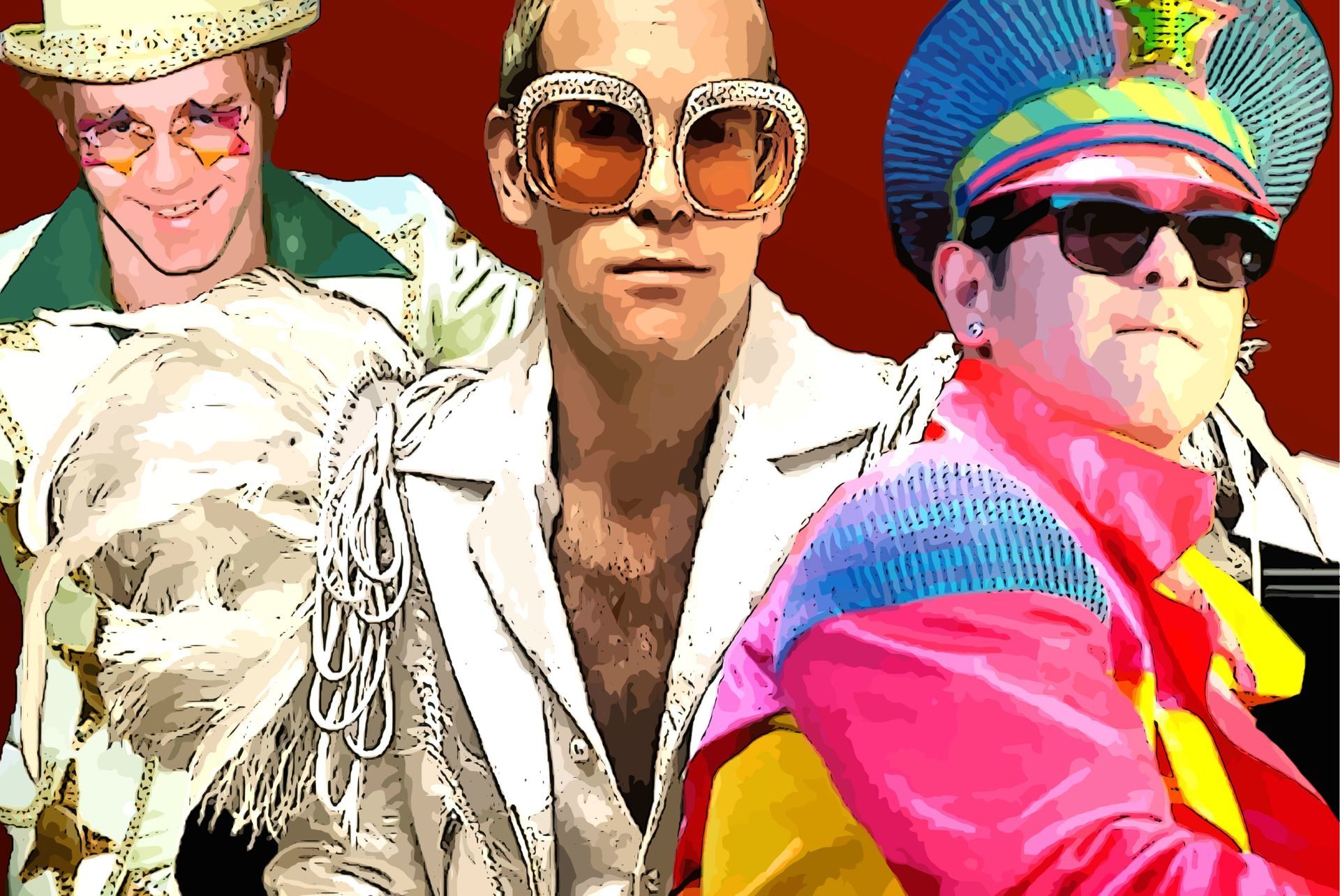 Three people in bright retro outfits and oversized sunglasses posing together against a colorful background