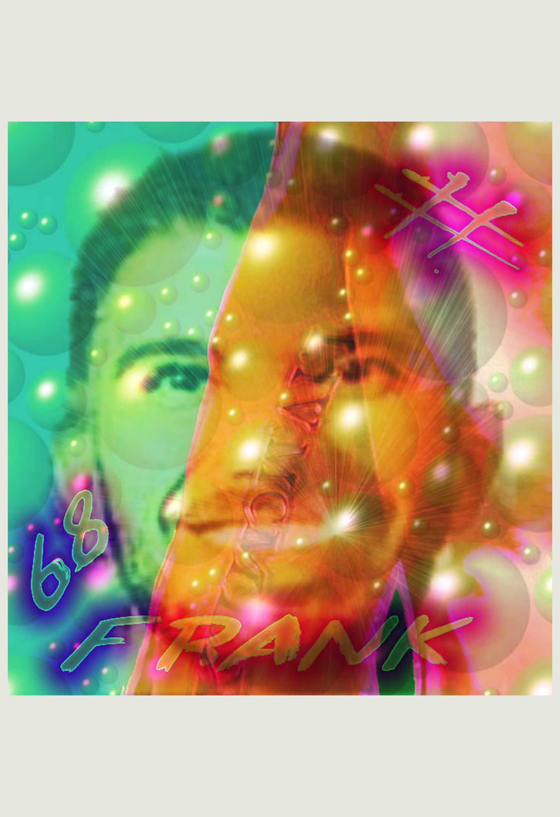 Colorful collage-style portrait with sparkles and stylized text reading “FRANK” at the bottom