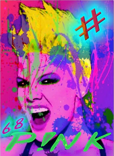 Stylized neon portrait with yellow hair, pink and purple paint splashes, “PUNK,” “68,” and a hashtag.