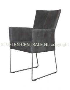 Donkergrijze, gestoffeerde moderne stoel met slanke metalen poten.