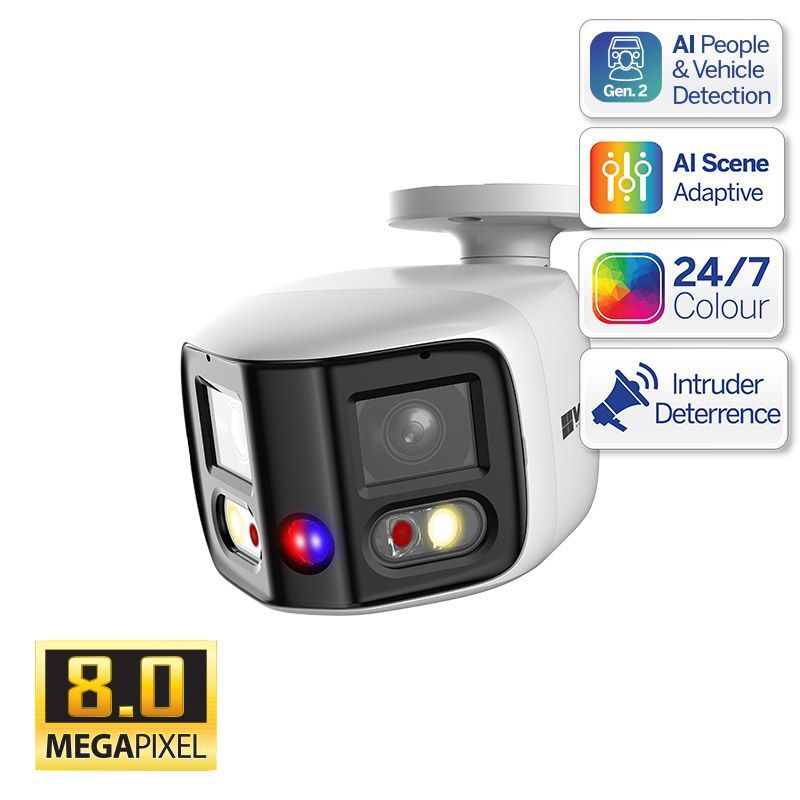 White security camera with black face, featuring AI detection, 24/7 color, and intruder deterrence. 8MP.