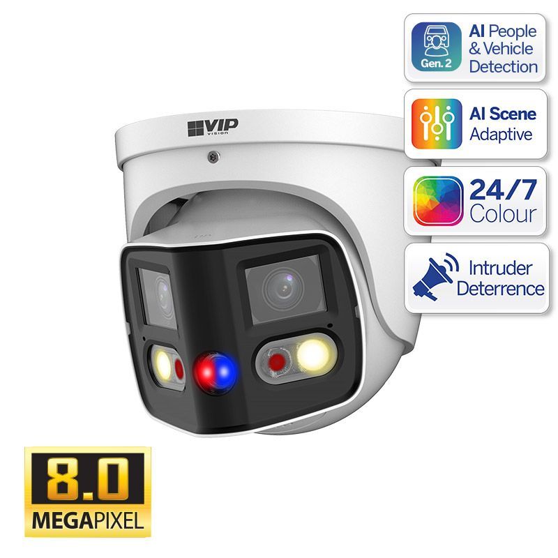 White security camera with black face, 8MP, AI detection, 24/7 color, intruder deterrence, and VIP logo.